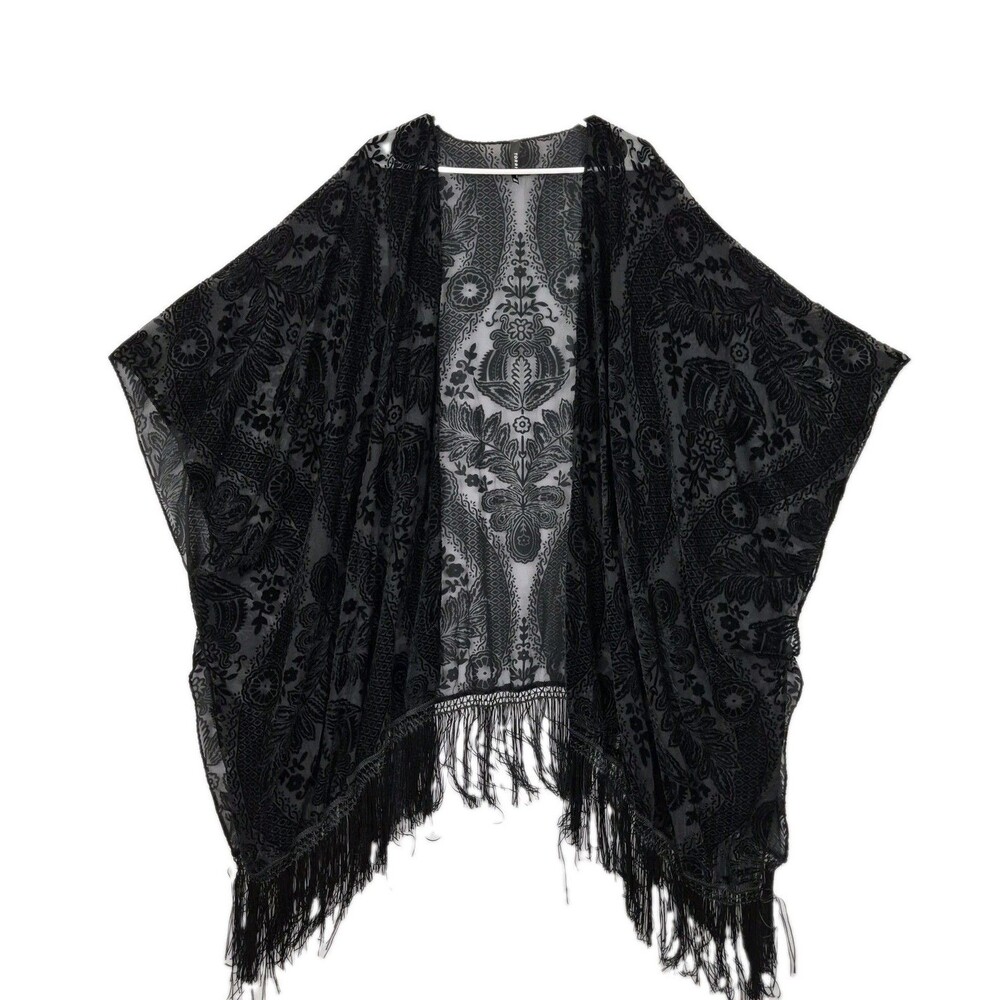 Torrid Black Floral Paisley Velvet Burnout Kimono Cover Up One Size Fringe Trim